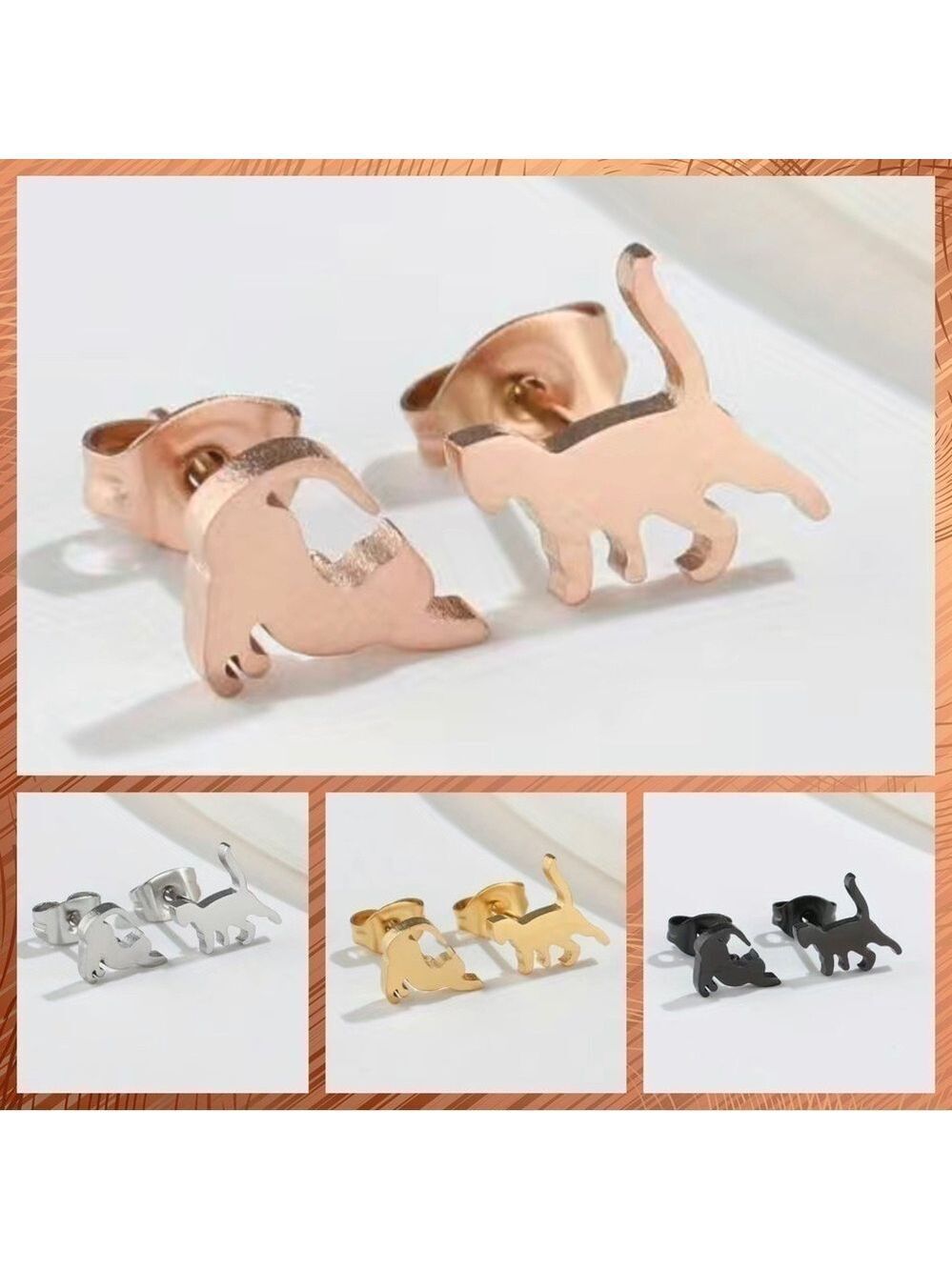 Playful Cats Stainless Steel Stud Small Earrings #1409 (Color: Rose Gold)